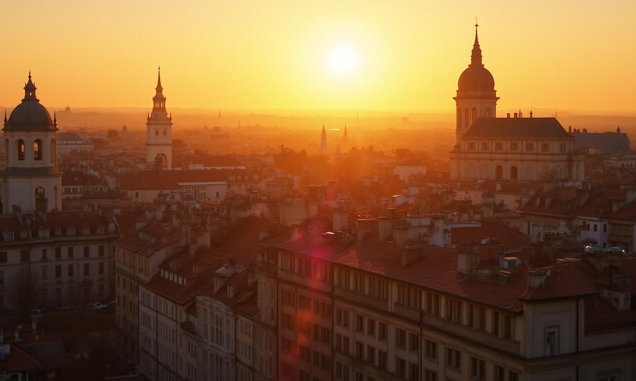 Veduta romantica di una storica città europea con luce soffusa