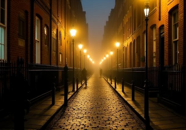 Strade nebbiose di Londra con architettura vittoriana